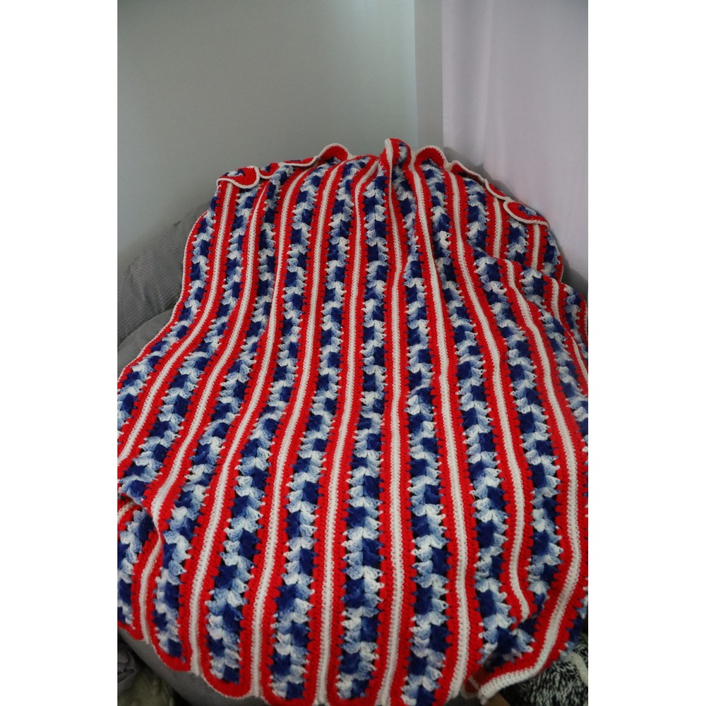 Handmade Crochet Afghan Blanket Red White Blue Patriotic Striped Scalloped Edge